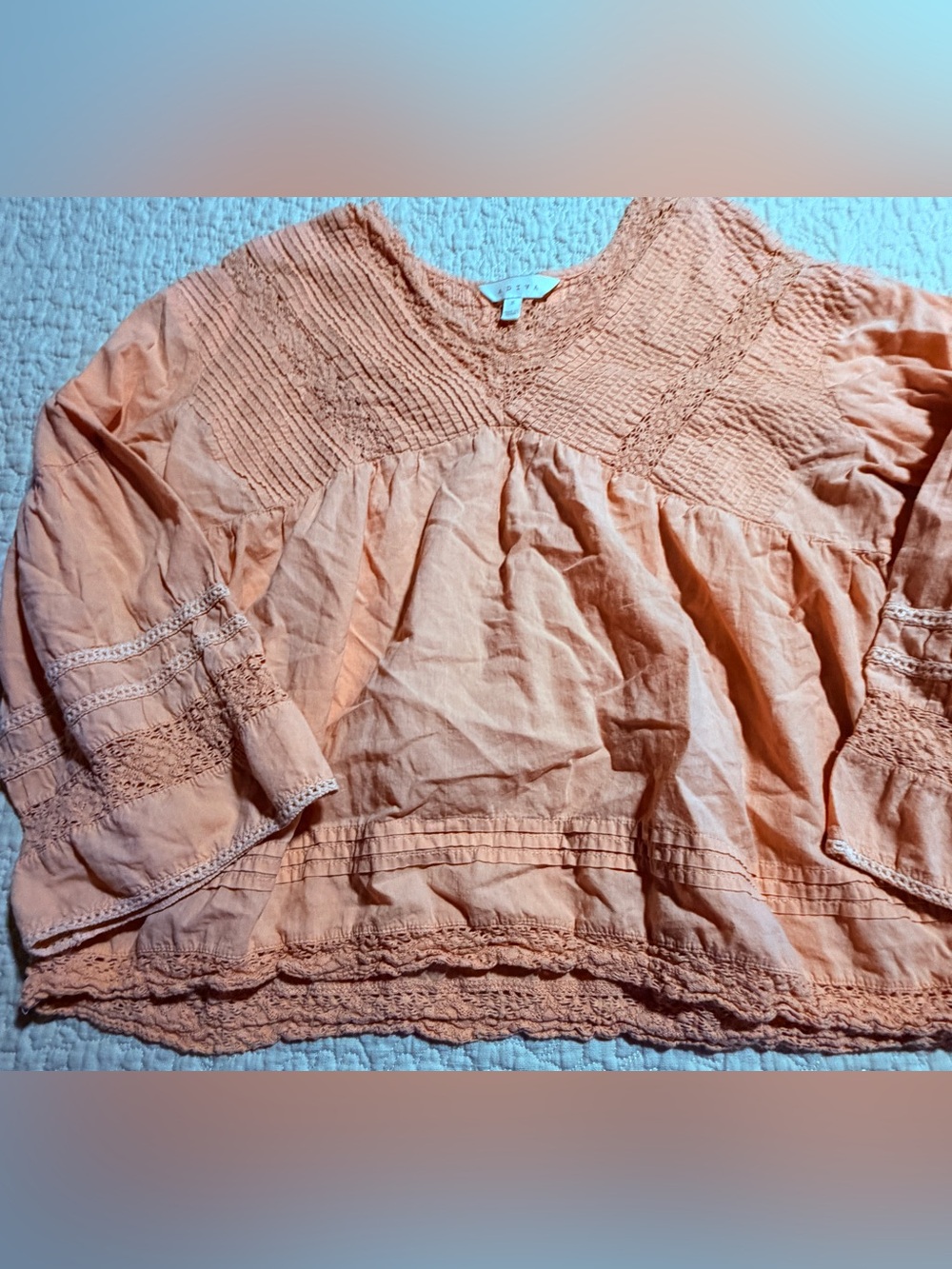 ADIVA boho-style peach peasant blouse textured pin-tucks, a v-neckline Medium